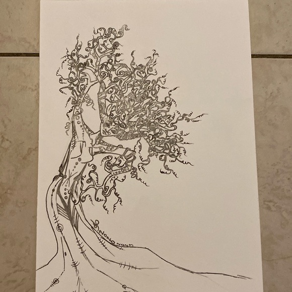 Unframed Original Art Drawing Illustration Tree Lady in Ink & Shimmer Gel Pen - Picture 1 of 4